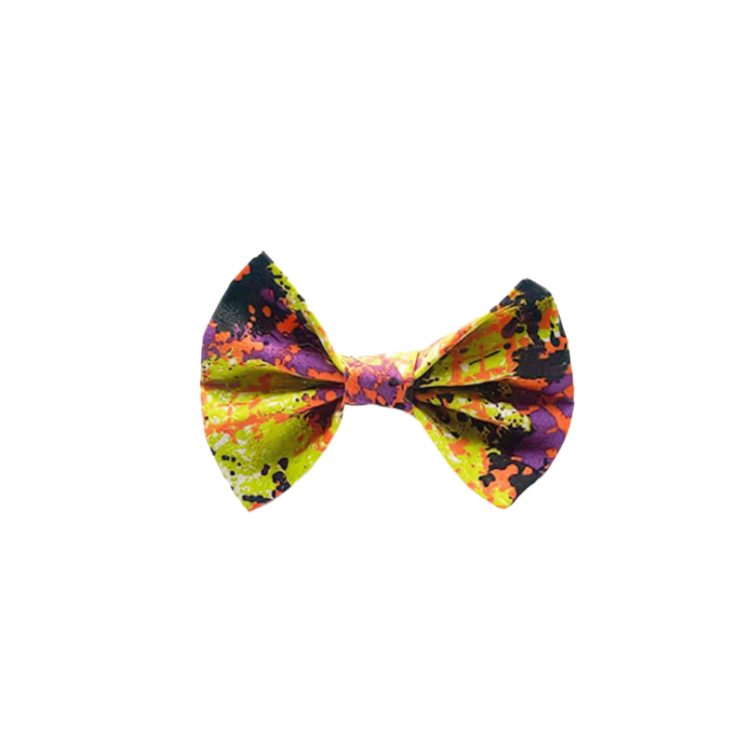 Black, orange, green splatter bow tie for pets – fits over collar with elastic, handmade in New Zealand.