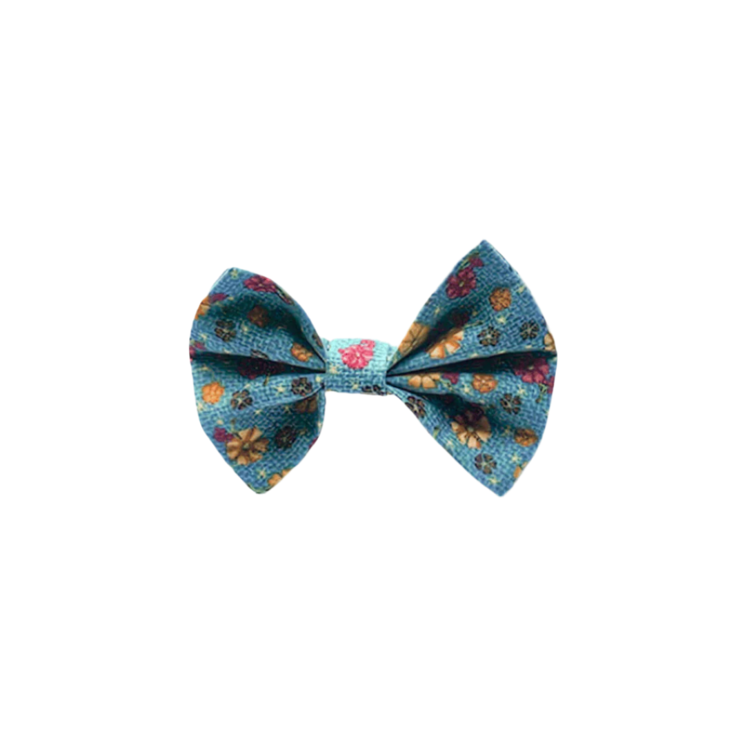 Blue retro floral bow tie for pets – fits over collar with elastic, handmade in New Zealand.