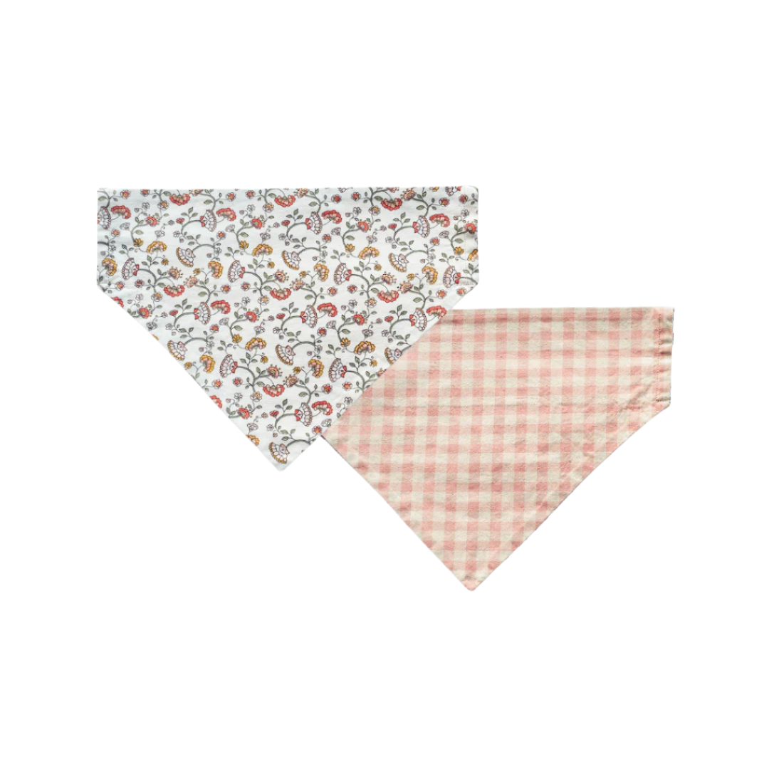 Floral/pink gingham reversible over-the-collar pet bandana – slides over collar, handmade in New Zealand.