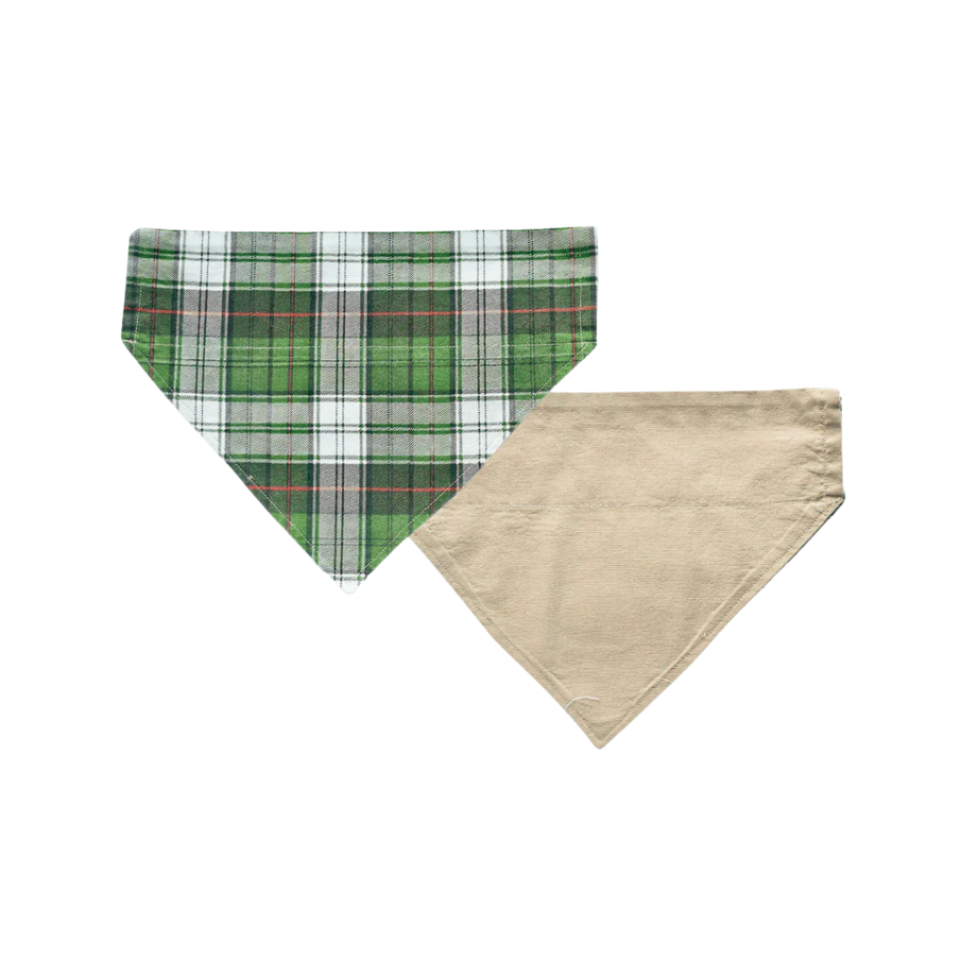Green plaid/sand reversible over-the-collar pet bandana – slides over collar, handmade in New Zealand.