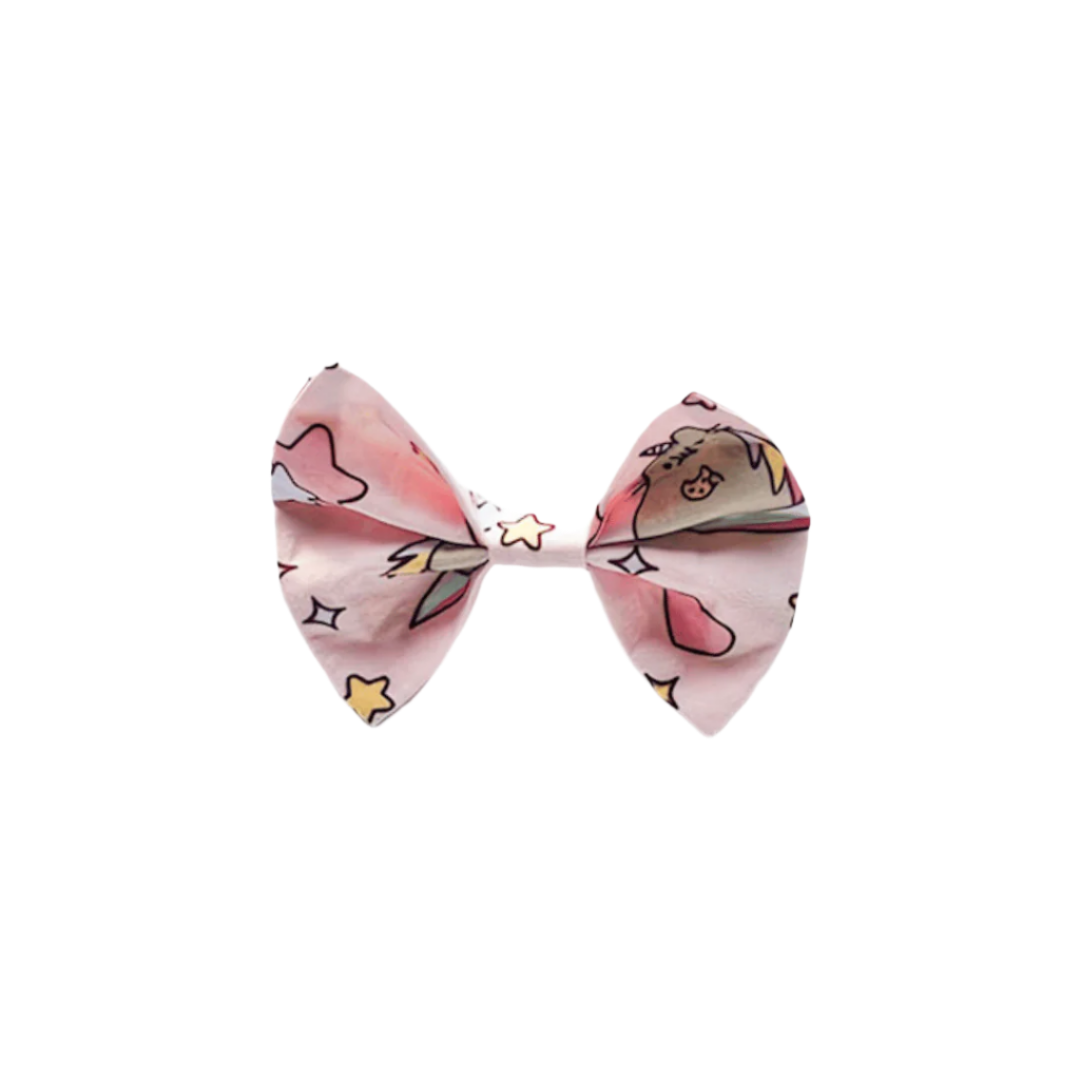 Pink pusheen bow tie for pets – fits over collar with elastic, handmade in New Zealand.
