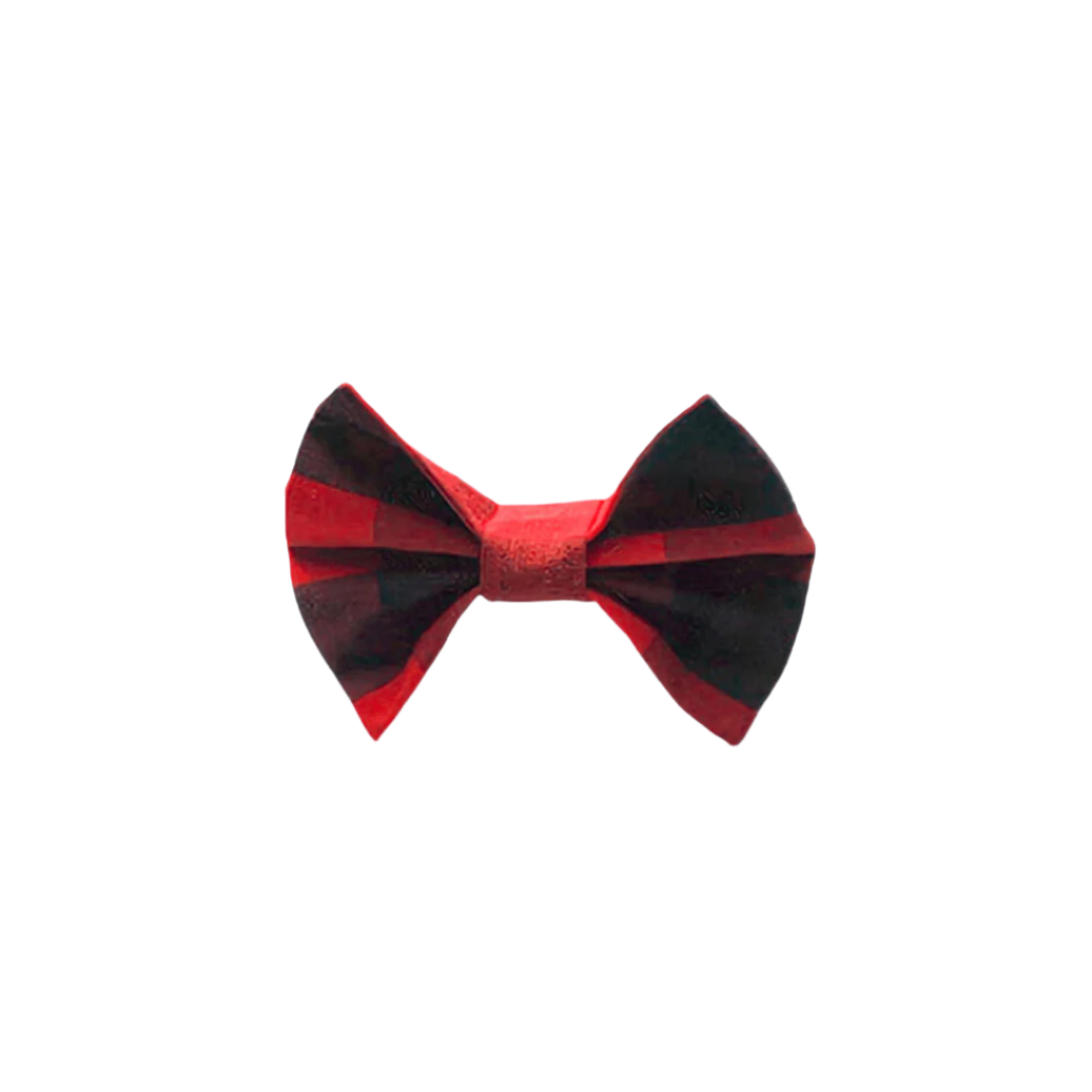 Red and black plaid bow tie for pets – fits over collar with elastic, handmade in New Zealand.