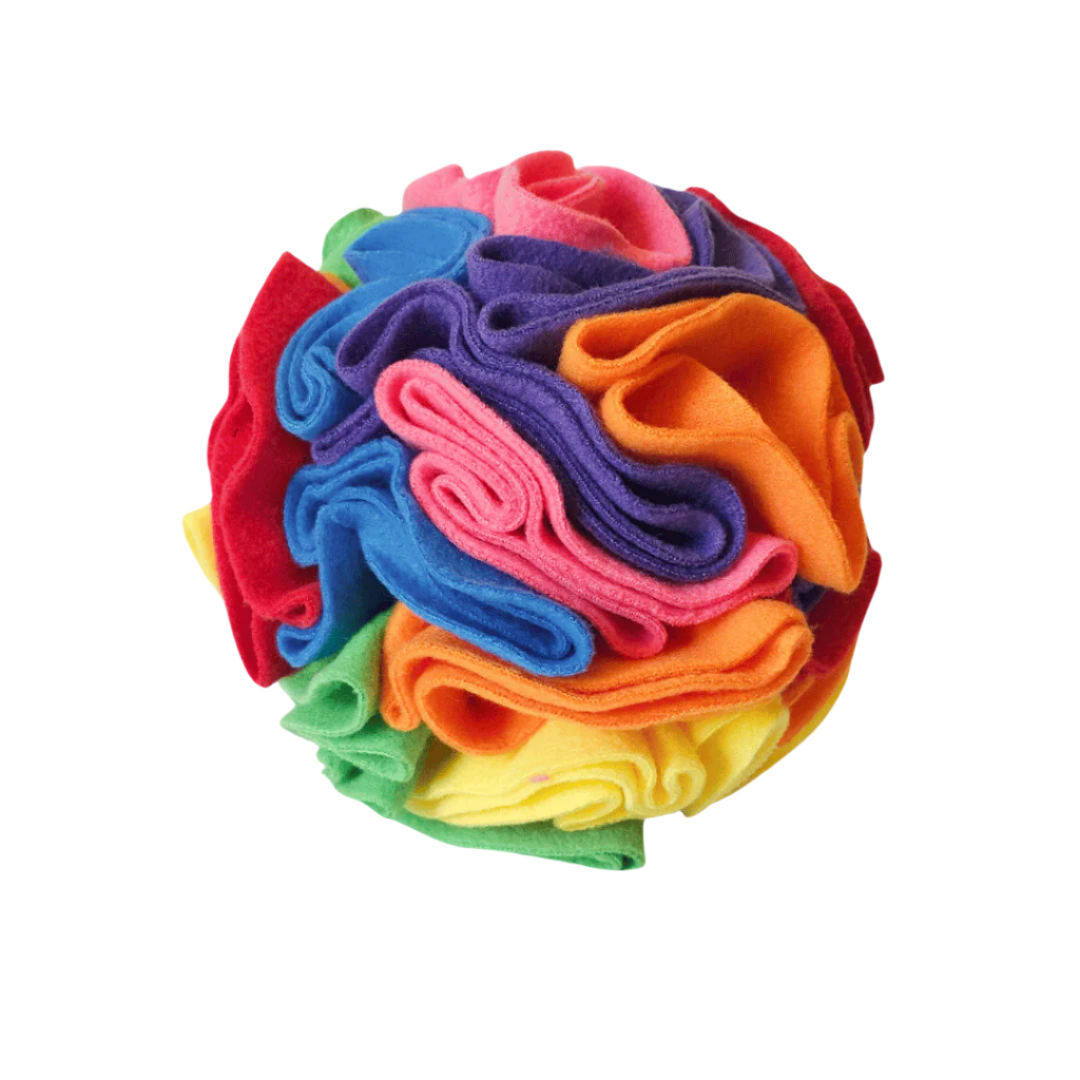 Large snuffle ball in colourway Rainbow (red, orange, yellow, green, blue, pink, purple) – enrichment toy for pets.