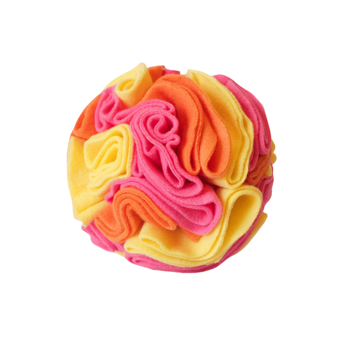 Large snuffle ball in colourway Sunshine (pink, yellow and orange) – enrichment toy for pets.