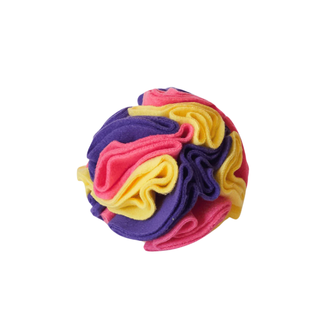 Medium snuffle ball in colourway Bloom (pink, yellow and purple) – enrichment toy for pets.