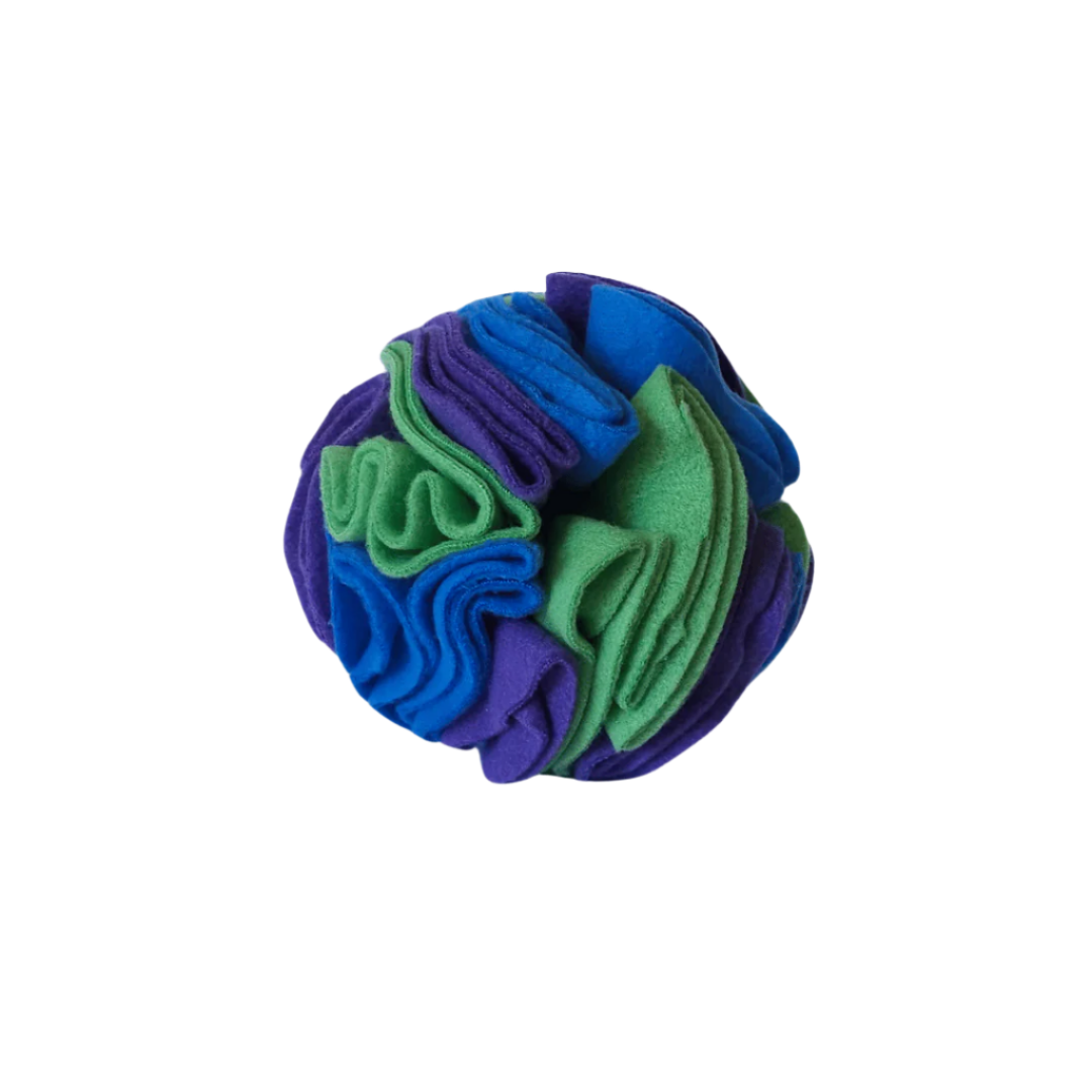 Medium snuffle ball in colourway Ocean (blue, purple and green) – enrichment toy for pets.