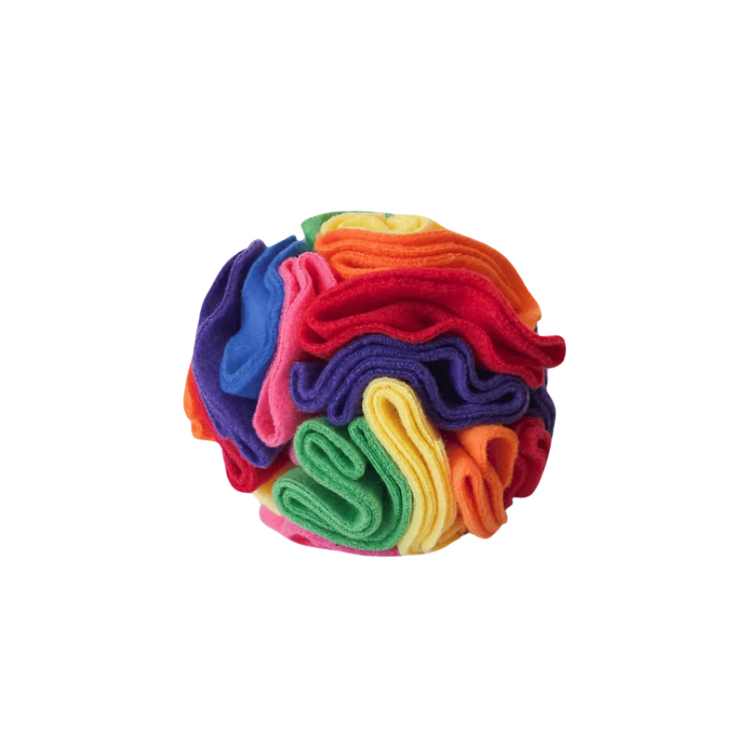 Medium snuffle ball in colourway Rainbow (red, orange, yellow, green, blue, pink, purple) – enrichment toy for pets.