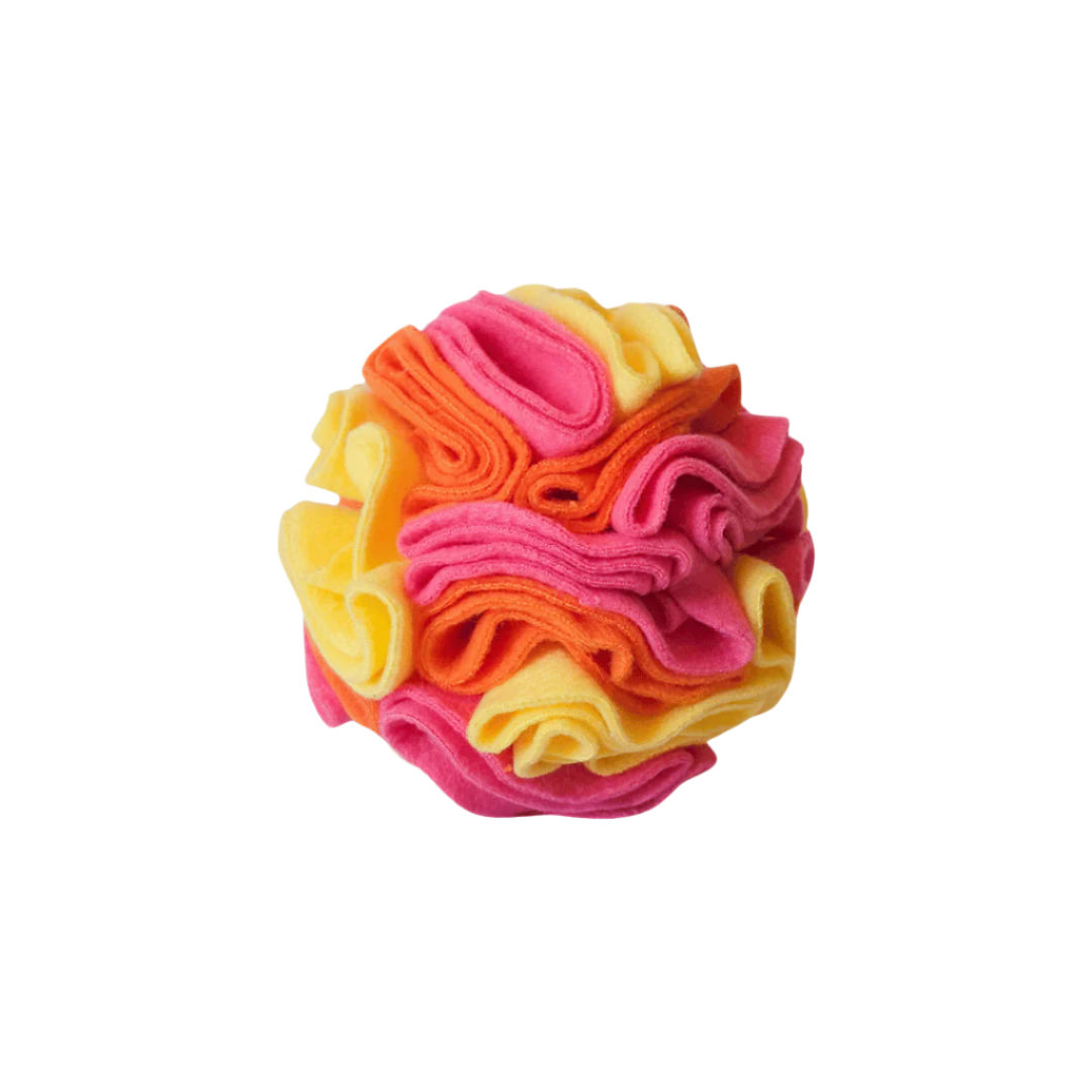 Medium snuffle ball in colourway Sunshine (pink, yellow and orange) – enrichment toy for pets.