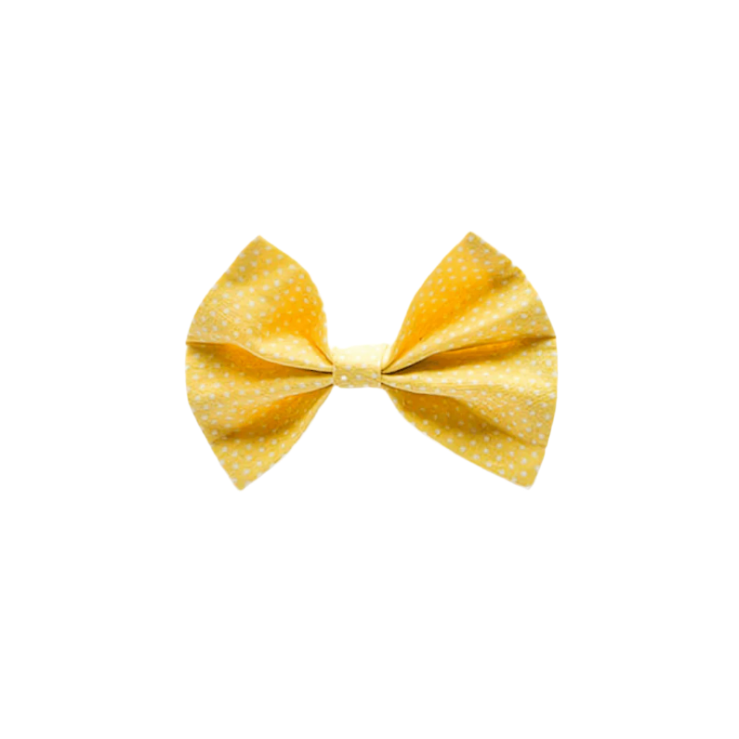 Yellow polka dot bow tie for pets – fits over collar with elastic, handmade in New Zealand.