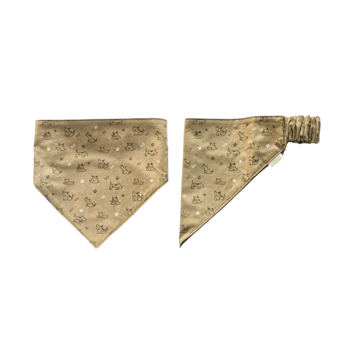 Khaki with brown dogs scrunchie pet bandana – slips over the head, handmade in New Zealand.