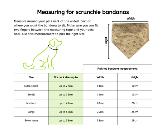 Measurement table displaying scrunchie bandana sizes with a guide image showing how to measure around a pet’s neck.