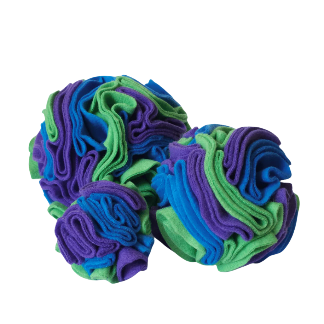 Small, medium and large snuffle balls in colour way Ocean - blue, green and purple. Enrichment toy for pets handmade in New Zealand.