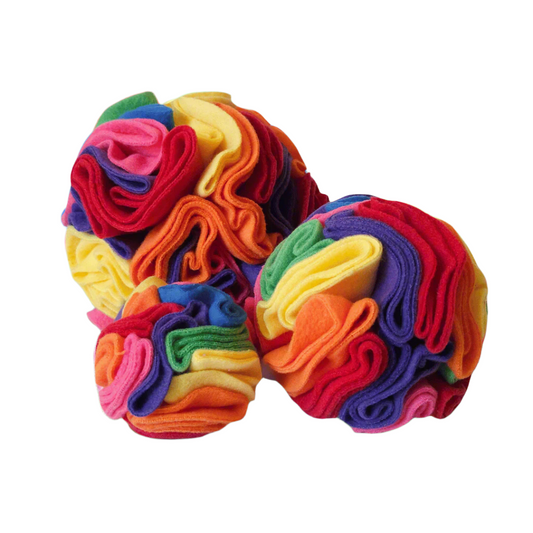 Small, medium and large snuffle balls in colour way Rainbow - red, orange, yellow, green, blue, pink, purple. Enrichment toy for pets handmade in New Zealand.