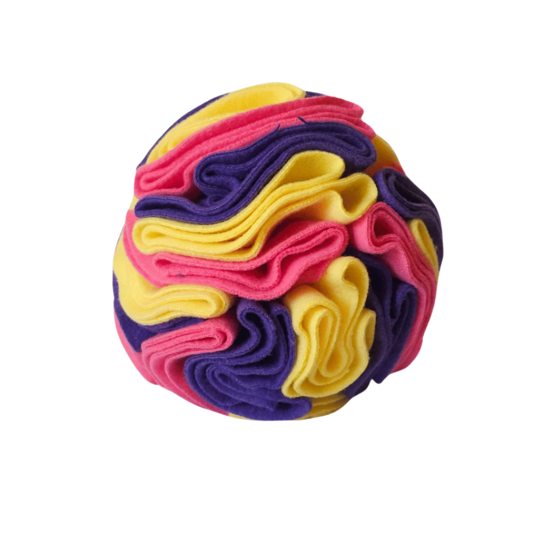 Large snuffle ball in colourway Bloom (pink, yellow and purple) – enrichment toy for pets.