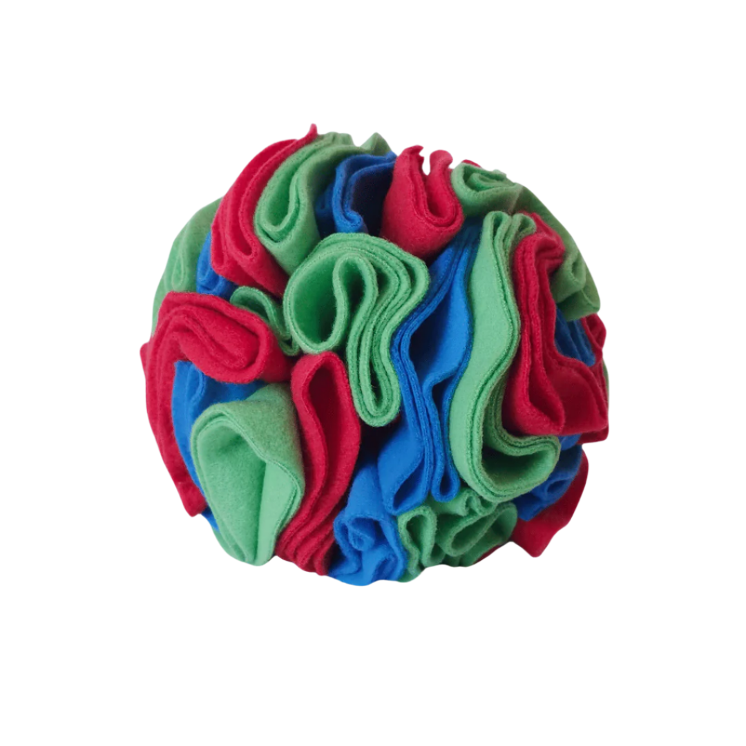 Large snuffle ball in colourway Highland (blue, red and green) – enrichment toy for pets.