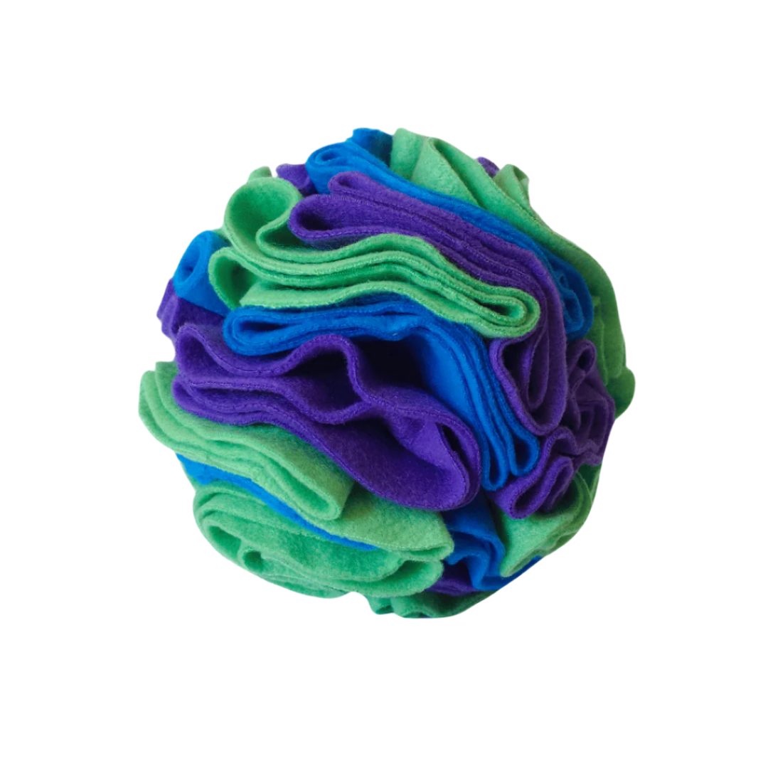 Large snuffle ball in colourway Ocean (blue, purple and green) – enrichment toy for pets.