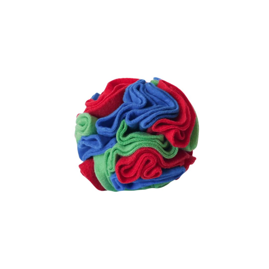 Medium snuffle ball in colourway Highland (blue, red and green) – enrichment toy for pets.