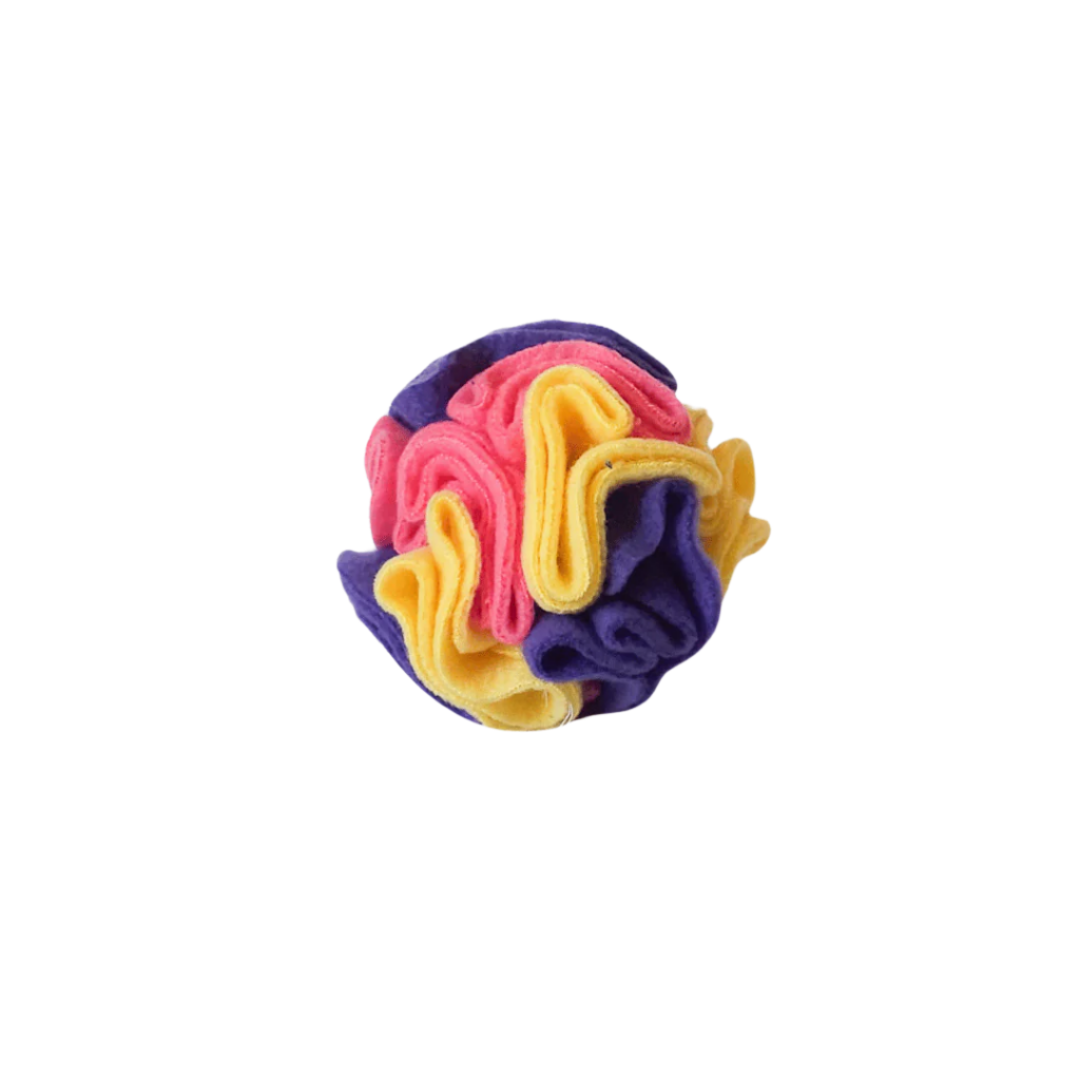 Small snuffle ball in colourway Bloom (pink, yellow and purple) – enrichment toy for pets.