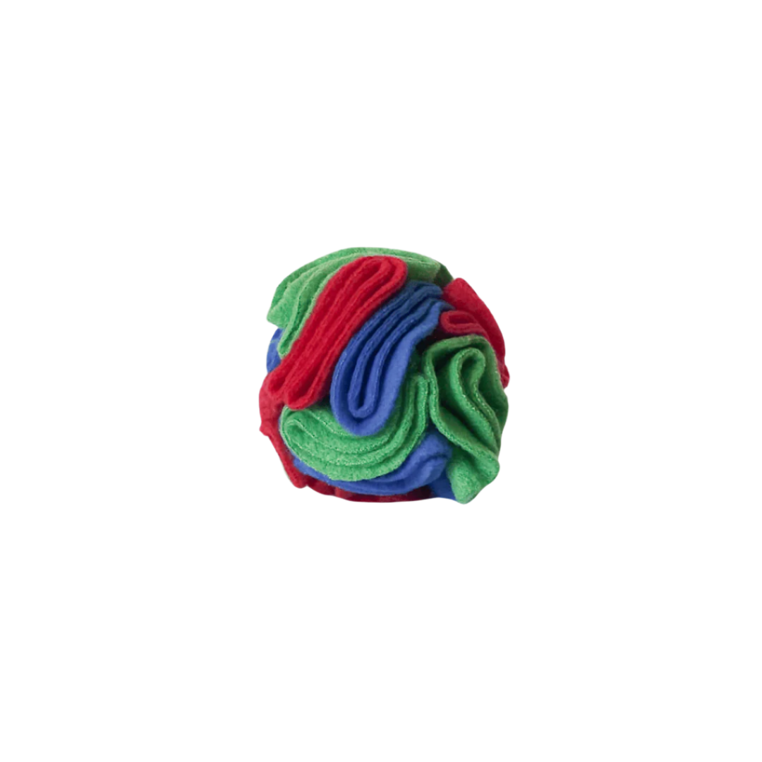 Small snuffle ball in colourway Highland (blue, red and green) – enrichment toy for pets.