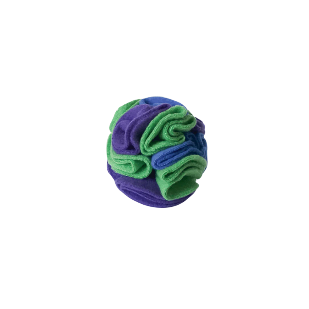 Small snuffle ball in colourway Ocean (blue, purple and green) – enrichment toy for pets.