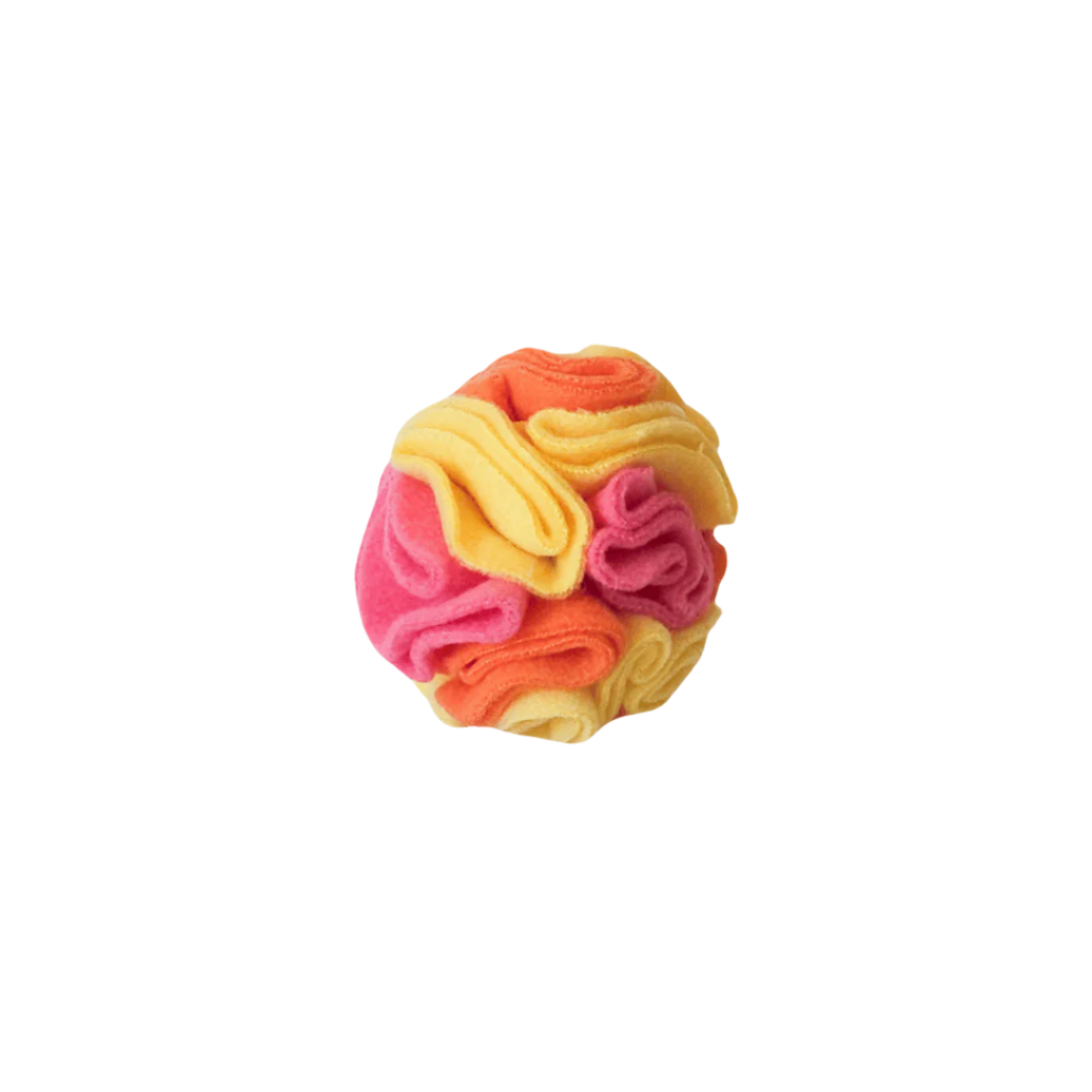 Small snuffle ball in colourway Sunshine (pink, yellow and orange) – enrichment toy for pets.