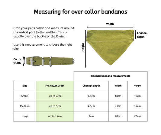 Measurement table showing the dimensions of each over-collar bandana size, with an illustration of a pet collar being measured at the widest part—usually near the buckle or D-ring—to ensure the bandana’s channel fits correctly.